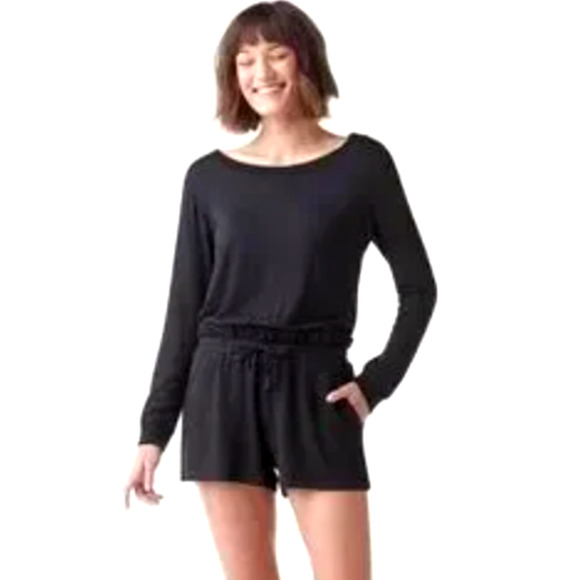 Womens Splendid Supersoft Black Long Sleeve Ruffle Waist Lounge Romper Medium - Picture 1 of 11